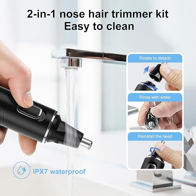 Nose Hair Trimmers for Men，Rechargeable Hair Trimmer 2 in 1 Painless Multifunctional Ear and Nose Hair Trimmer with IPX7 Waterproof Dual Edge Blades (Black Silver)