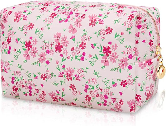 Floral Waterproof Makeup Bag, Leather Cosmetic Bag with Compartments, Zipper Make up Pouch Organizer, Portable Storage Travel Toiletry Bag Gifts for Women Girls(Pink Flower)