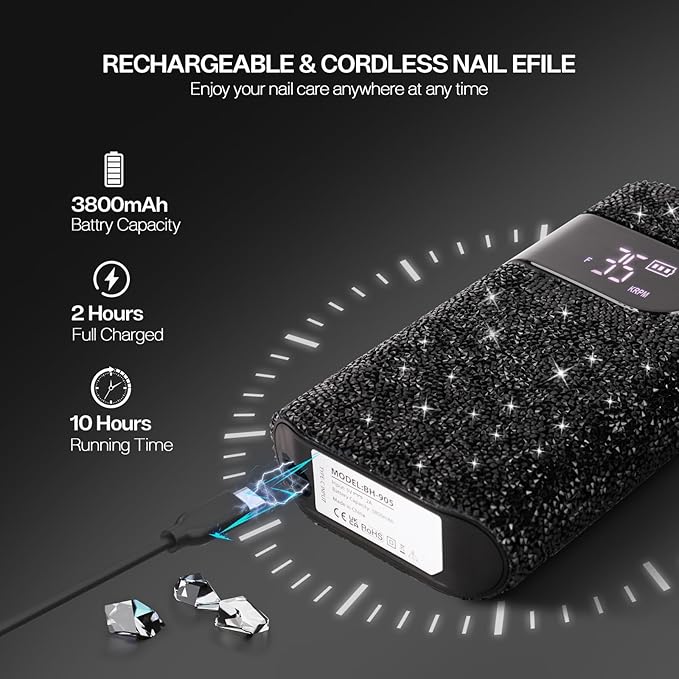 Lavinda Professional Electric Nail Drill Kit, 35000RPM Cordless Portable Machine for Acrylic Gel Nails, Rechargeable E File With Black Rhinestones, Manicure Tools (Black)