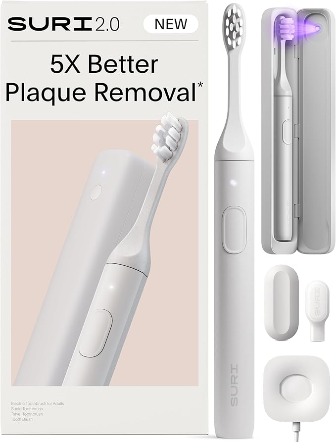 SURI 2.0 New Sonic Electric Toothbrush with Pressure Sensor & UV-Cleaning Travel Case | 1 Month+ Battery | Electric Toothbrush for Adults | Travel Toothbrushes | Tooth Brush | White