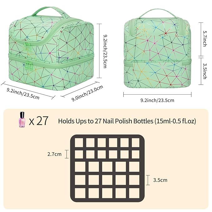 CUBETASTIC Nail Polish Organizer, Cute Nail Tech Organizers And Storage Bag Holds 45 Bottles & UV Nail Lamp, Compact Double-Layer Travel Nail Supplies Case for Nail Kit (Triangle Green, 27 Slots)