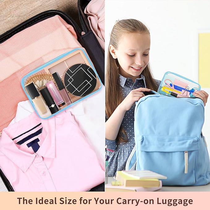 TISRATOK 12 PCS Clear Makeup Bag for Women with Zipper, TSA Approved Toiletry Pouch, Cosmetic Bag Bulk for Travel Organizer Essentials - Blue,Medium