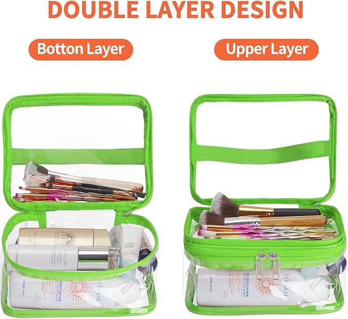 HAOGUAGUA Double Layer Clear Cosmetic Bag Makeup Bag, Waterproof Travel Toiletry Bag, Transparent PVC Pouch Organizer (Green)