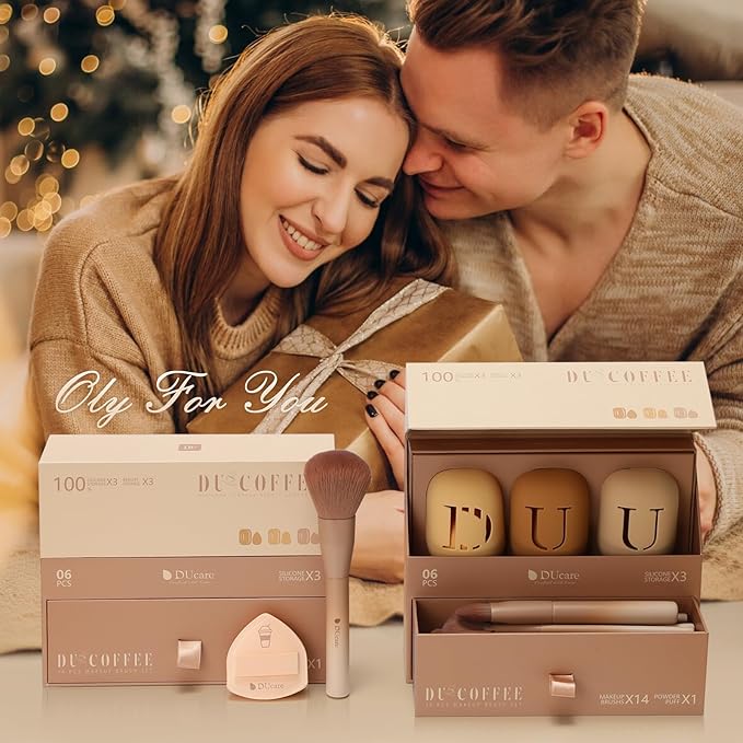 DUcare 21pcs Christmas Makeup Gift Set,with 14Pcs Makeup Brush set 3pcs Makeup Sponges 3pcs Sponge Holder 1pc Powder Puff for Foundation Blending Powder Blush Eyeshadows