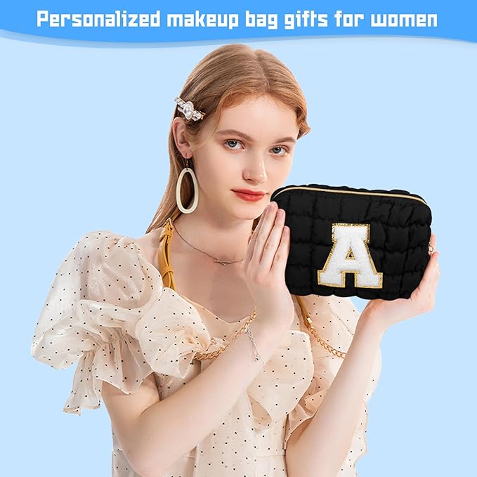 Initial Checkered Makeup Bag, Large Quilted Cosmetic Bag, Cute Make up Pouch for Purse, Travel Toiletry Storage Bag for Women Preppy Teen Girls Gift Trendy Stuff Gift (Black E)