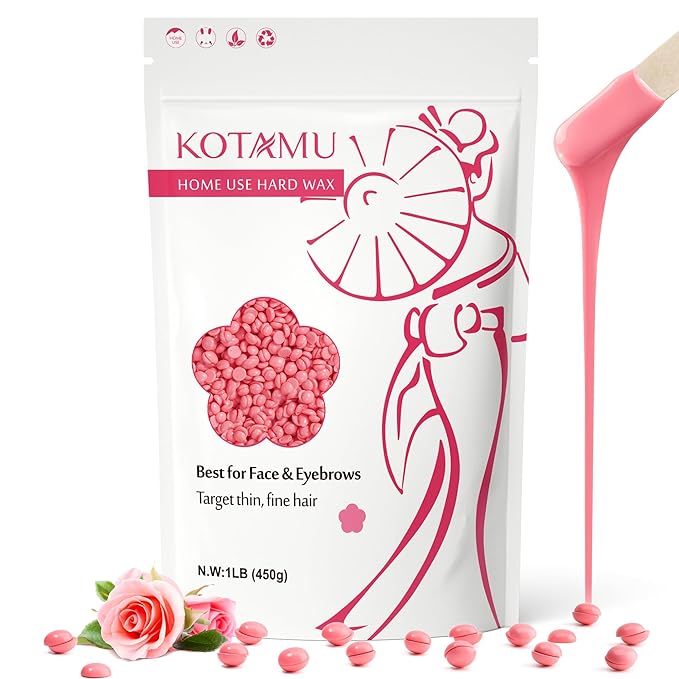 KOTAMU Wax Beads for Hair Removal - Professional Waxing for Sensitive Skin, Targets Thin Fine Hair, 1lb Pink Beads Ideal for Home Waxing Face, Eyebrows, Chin, Body, Legs, Arms, Underarm, Bikini
