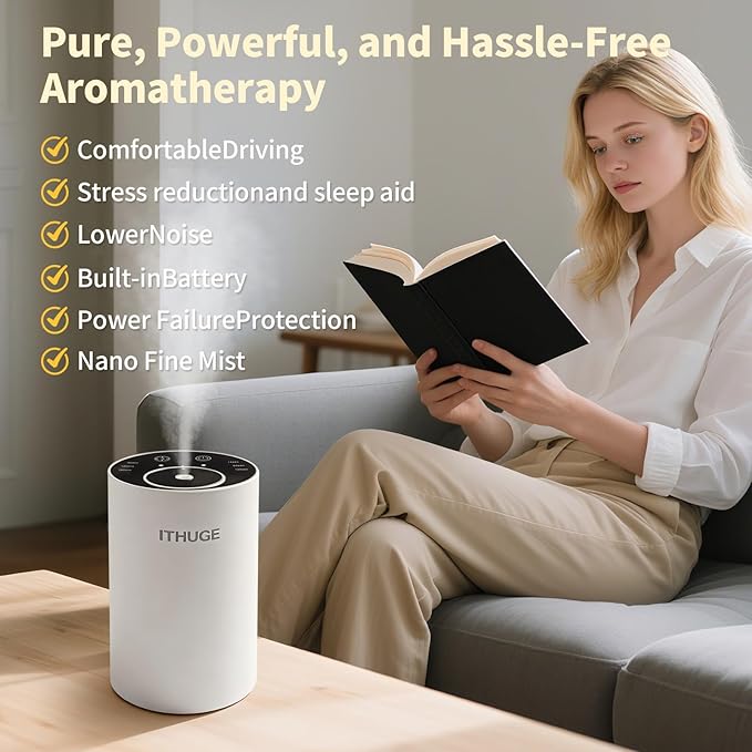 Waterless Essential Oil Diffuser, Portable Aromatherapy Diffuser with 20mL Empty Bottle, Battery Operated Mini Scent Diffuser,3 Mist Levels & Timers, Leak-Free, for Home, Car, Office (E200W)