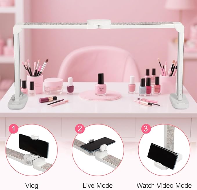 34in Half Moon Light for Nail Desk, Foldable LED Lamp for Nail Art, Tattooing, Craft Making, Stepless Dimming, 3000-6000K Color Temperature Adjustment, 456 Light Beads, White with Diamond