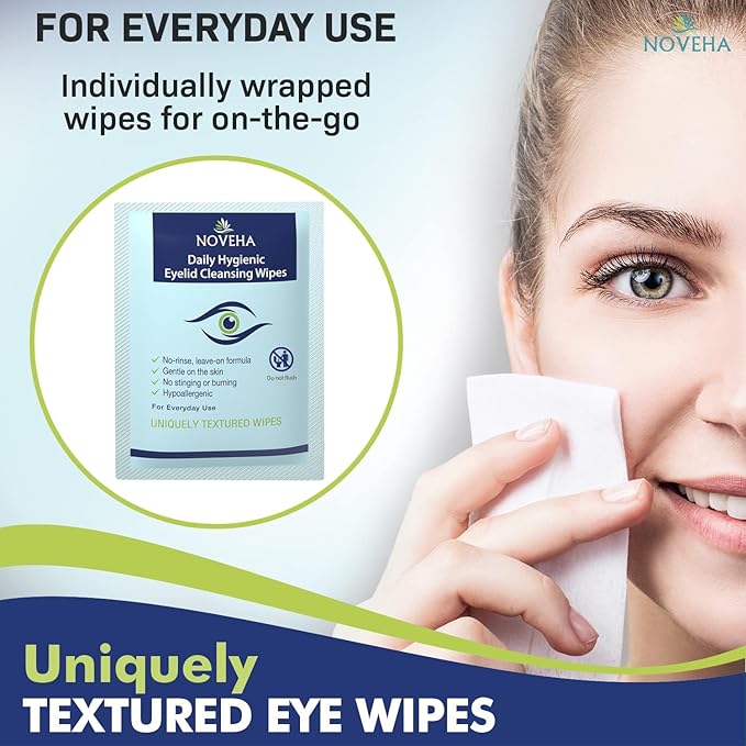 NOVEHA 120Pcs Daily Hygienic Eyelid & Lash Wipes | 120 Individually Wrapped Cleansing Eyelash Wipes - For Blepharitis & Itchy Eyes, Demodex and Natural Makeup Remover & Daily Cleanser (2 Pack)
