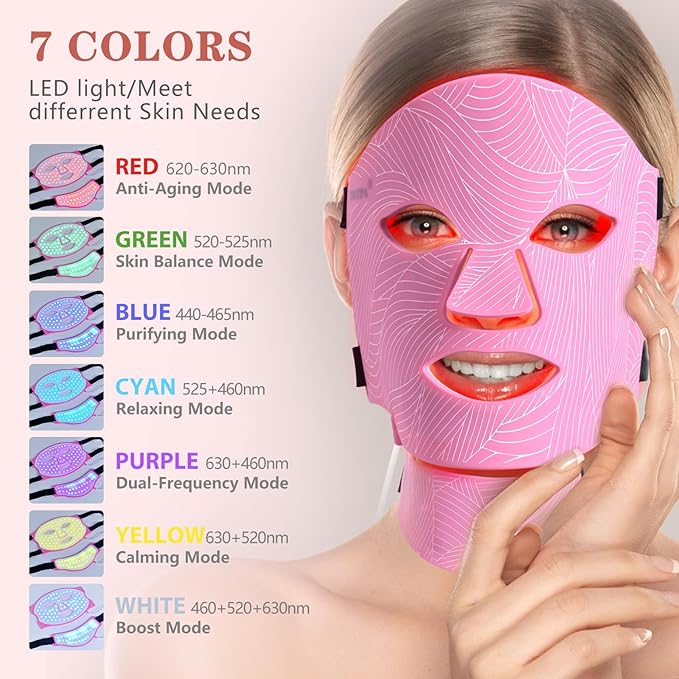 Led Face Mask Light Therapy,Red Light Therapy for Face and Neck,7 Colors LED Facial Skin Care Mask,5 Level Brightness Adjustment,309 LED Beads Can Be Used at Home,Pink