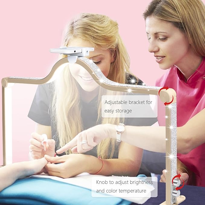 34-Inch Nail Light for Desk, 3-Level Dimming Half Moon Light, 3360LM Lamp, Adjustable with Phone Holder, Eye Protection – Ideal for Nail Techs - Golden