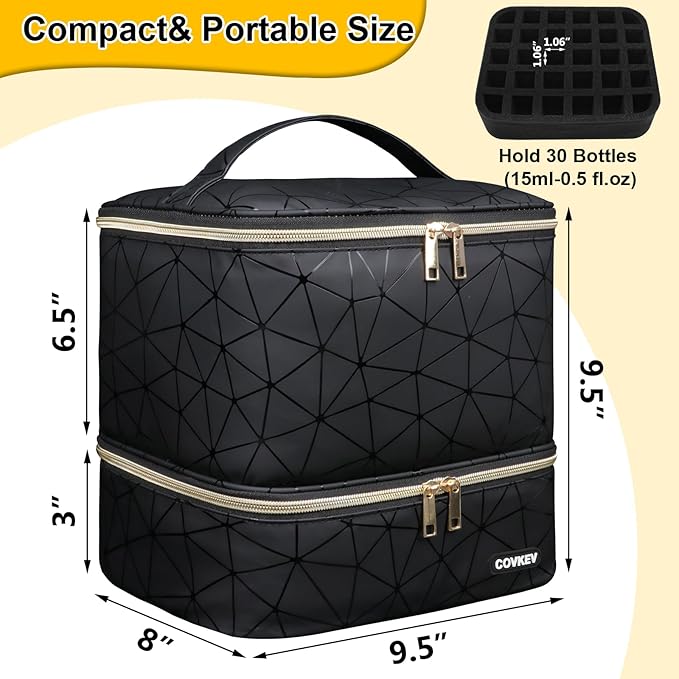 PU Leather Nail Polish Organizer Bag Holds Nail Lamp& 30 Bottles (15ml-0.5 fl.oz), Portable Travel Nail Kit Storage Carrying Case, Double Layer Nail Supplies Organizer Handbag (Elegant Black)