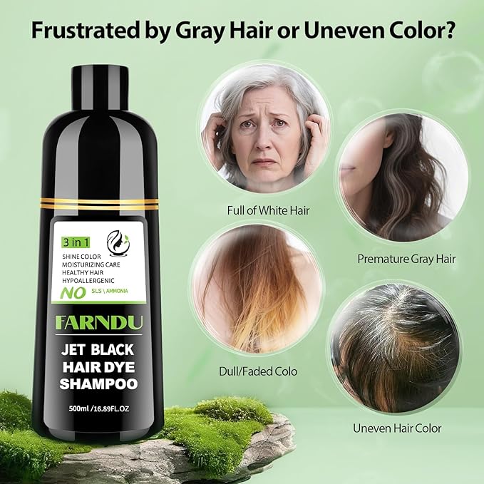 FARNDU Jet Black Hair Dye Shampoo for Women & Men, 3 in 1 Natural Herbal Color Shampoo for 100% Gray Coverage, Ammonia & Paraben Free (500ml)