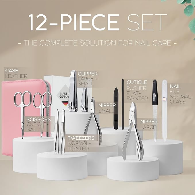 Manicure Set Women and Men – 12-Piece Professional Grooming Kit with Premium Tools, Genuine Leather Case, and Exclusive Glass Nail File for Hand & Foot Care, German Quality