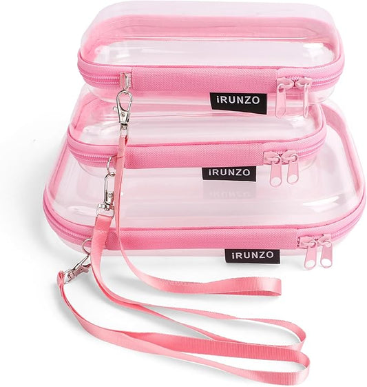3 PCS Clear Hard Shell Zipper Case With Handle Strap，Clear Plastic Waterproof Cosmetic Makeup Bags Toiletry Pouches for Travel With Double Zipper，Kid's Toy Storage Organizer Bins Box