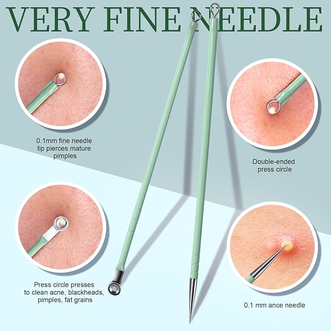 Teenitor 7 Pcs Surgical Grade Blackhead Remover Tools and Pimple Popper Tool Kit, Ingrown Hair Tweezers, Blackhead Tweezers, Precision Tweezers, Pimple Extractor, Light Green