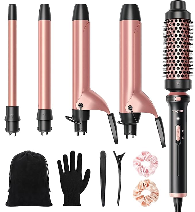 Wavytalk 5 in 1 Curling Iron,Curling Iron Set with Heated Round Brush and 4 Interchangeable Ceramic Curling Wand(0.5”-1.25"), Instant Heat Up,Dual Voltage Hair Curler