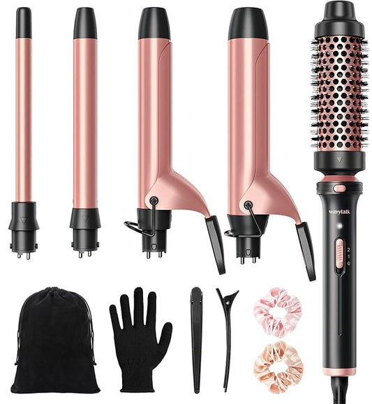 Wavytalk 5 in 1 Curling Iron,Curling Iron Set with Heated Round Brush and 4 Interchangeable Ceramic Curling Wand(0.5”-1.25"), Instant Heat Up,Dual Voltage Hair Curler