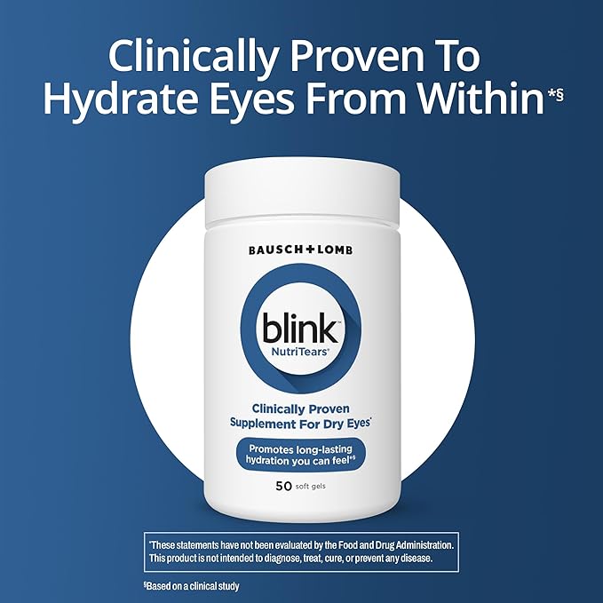 Blink NutriTears Clinically Proven Supplement for Dry Eyes, Eye Care with Lutein & Zeaxanthin and Vitamin D to Hydrate Eyes from Within for Long-Lasting Relief, 50 Softgels