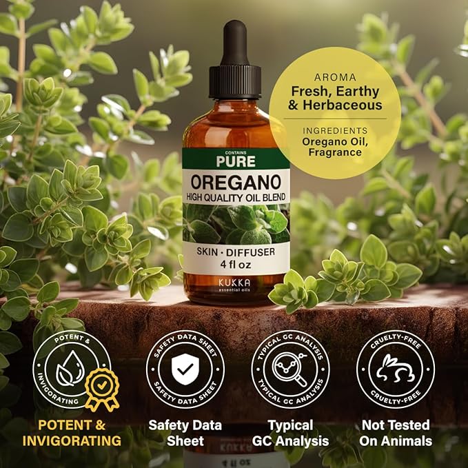 KUKKA Oregano Essential Oils - 4 Fl Oz - for Hair, Skin, Diffuser, Aromatherapy & DIY Soap Making Scent