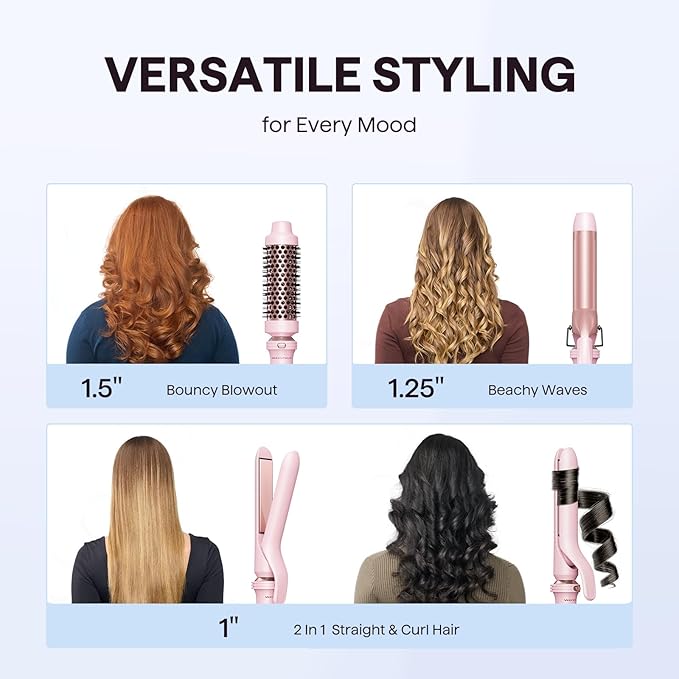 Wavytalk 3 in 1 Curling Wand Set, Multi Curl, Curling Iron Set with Heated Round Brush, Flat Iron Hair Straightener, 1 1/4 inch Curling Iron, Dual Voltage Hair Curler(Pink)
