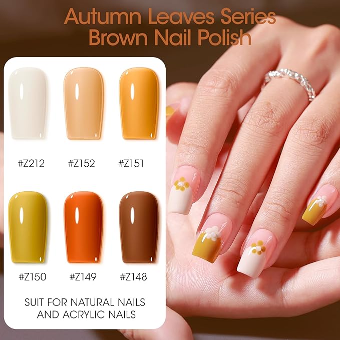 Gellen Maple Brown Nail Polish, Halloween Fall Winter Leaf Regular Nail Polish Air Dry 6-Color Set for Finger Toe Nails Home Salon Manicure Women Girl Gifts, Not UV Gel, Hema Free, Non Toxic, TPO Free
