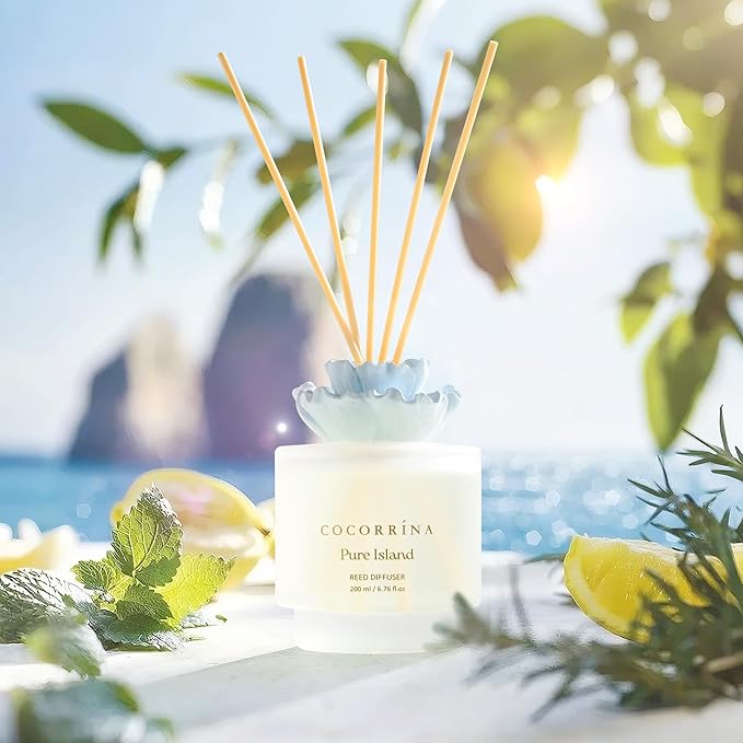 COCORRÍNA Gypsum Flower Reed Diffuser – Pure Island Scent, 6.76 oz Oil with 8 Sticks, Long-Lasting Home Fragrance for Bathroom Décor