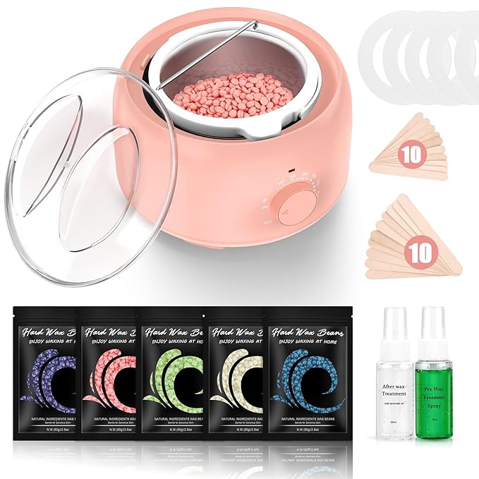 Waxing Kit - Wax Warmer for Hair Removal, Hard Wax Kit with 14oz 5 Bags Hard Wax Beans for Full Body, Legs, Face, Eyebrows, Bikini, Brazilian Waxing Kit for Women Men