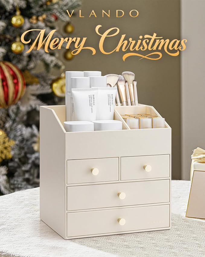 Vlando Makeup Organizer Countertop,Large Vanity Organizer PU Leather Make up Storage with 4 Drawers Perfume Organizers Cosmetic Display Case for Lipstick,Brushes,Bedroom-Beige