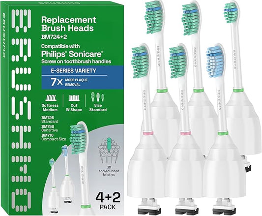 Brushmo e-Series Variety Replacement Toothbrush Heads, Compatible with Philips Sonicare Screw-on Toothbrush Handles, 6 Variety Heads (Standard, Compact & Sensitive), Dupont Bristles, BM724+2, White