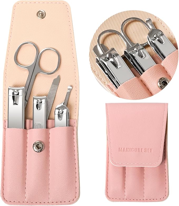 Premium Stainless Steel Nail Clippers Set - Travel Grooming Kit, 6pc Manicure/Pedicure Tools with PU Case - Unisex Gift for Men and Women(D-PinkA)