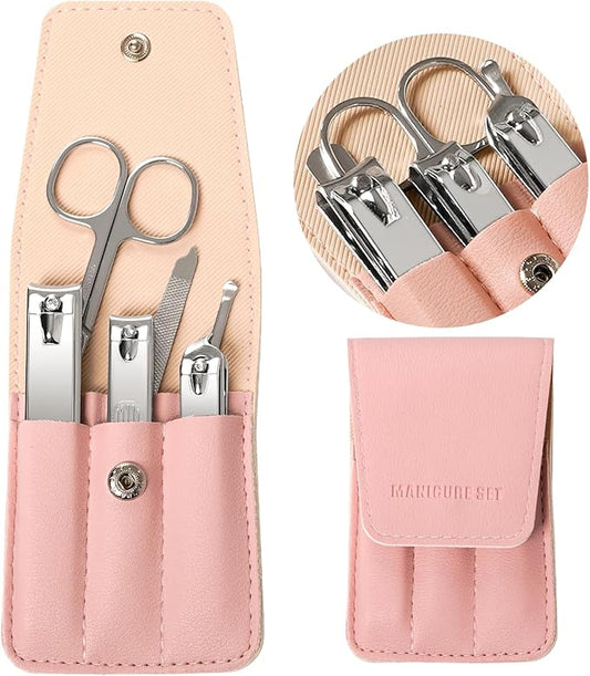 Premium Stainless Steel Nail Clippers Set - Travel Grooming Kit, 6pc Manicure/Pedicure Tools with PU Case - Unisex Gift for Men and Women(D-PinkA)