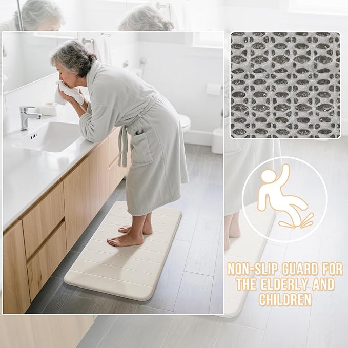 Yimobra Memory Foam Bath Mat, Super Soft Absorbent Bathroom Rug Non Slip 31.5x20 Inch, Quick Dry, Machine Washable Floor Carpet for Tub Shower, Home Decor Accessories, Cream