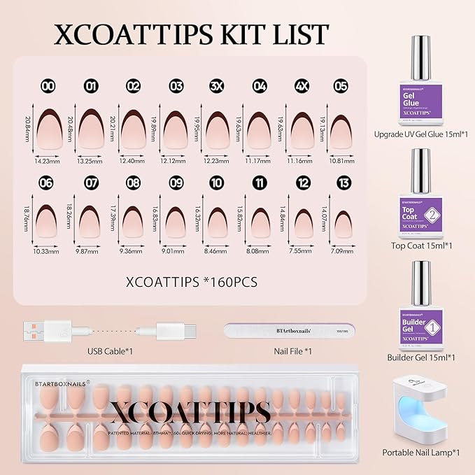 BTArtboxnails XCOATTIPS Press on Nails Short - Skin Tones Almond Nail Tips, Soft Gel Nail Tips with Nail Gel, French Protecting Duo, Nail Lamp, All in One Fake Nails French Tip Press on Nails Kit