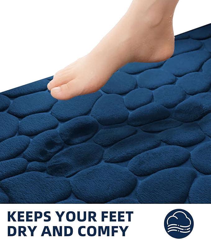 YIHOUSE Memory Foam Runner Rug, Cobblestone Bathroom Runner Rugs Super Water Absorbent Bath Mats for Bathroom Machine Washable Bath Rugs for Hallway Bedroom Laundry Room(26 x 50,Dark Blue)