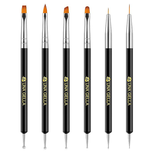 UNA GELLA Nail Art Brushes Set 6PCS Black Color Double-ended Acrylic Nail Design Brush Set Nail Dotting Tools Nail Art Gel Polish Liner Brushes for Gel Polish Painting DIY Nail Salon