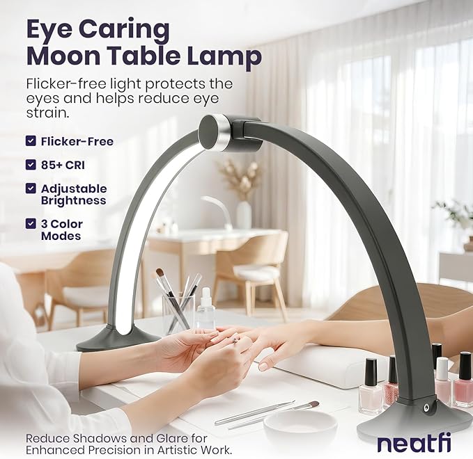 Neatfi Half Moon Light for Nail Desk Lamp, Table Lamp, Multiple Light Modes Desk Lighting for Estheticians, Beauty Eyelash Makeup Tattoo Crafts, Reading, Spa Salon, Nail Tech (with LCD, Black)