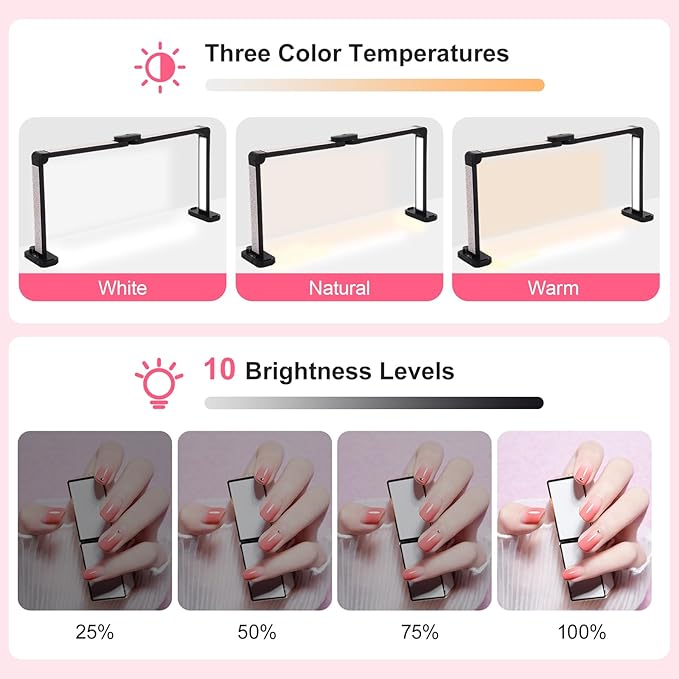 34in Half Moon Light for Nail Desk, Foldable LED Lamp for Nail Art, Tattooing, Craft Making, Stepless Dimming, 3000-6000K Color Temperature Adjustment, 456 Light Beads, White with Diamond