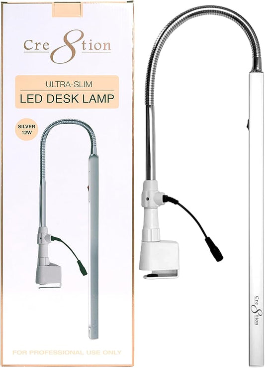 Cre8tion Ultra‑Slim LED Desk Lamp, Champagne Gold, 12 W Sleek Task Light for Nail Salons, Lash Techs, Home Offices (Silver)
