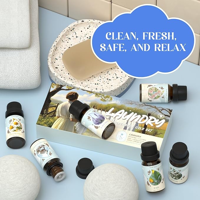 Laundry Fragrance Oils Set, Essential Oil Gift Set for Diffuser, Clean Scent Diffuser Oil, Use with Wool Dryer Balls or Diffuser,Chamomile, Fresh Cotton, Sage, Cedar, Lavender, Cherry Soap