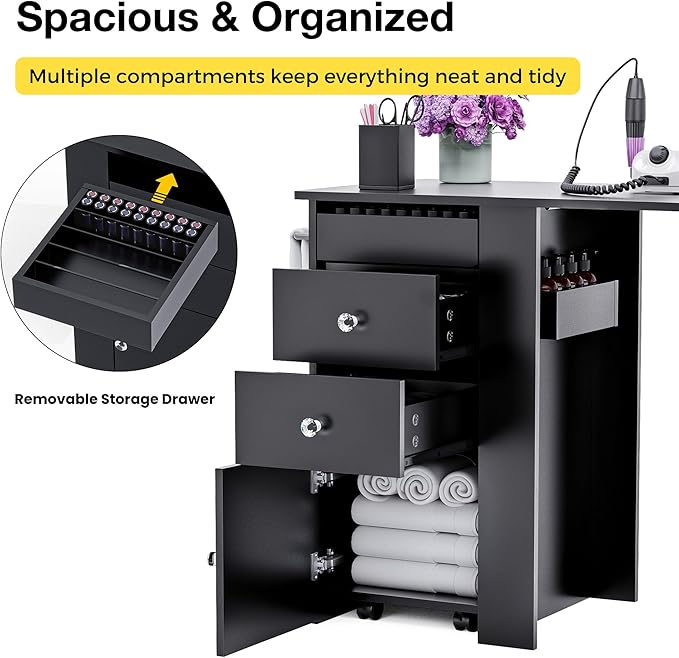 Foldable Nail Table with Dust Collector, Manicure Desk for Nail Tech,with LED Lamp, Wrist Rest, Rolling Nail Table for Salon, Home Beauty Workstation, Compact Nail Station with Storage (Black)