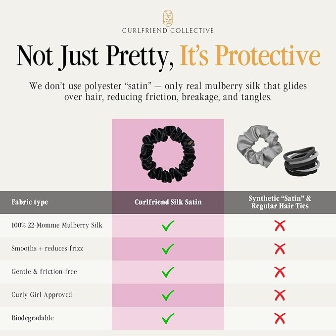 Curlfriend Collective Onyx Midi Curly Hair Silk Scrunchies for Women, Black | 22 Momme Mulberry Silk Hair Ties for Curly, Coily, and Wavy Hair - Black, Pack of 4