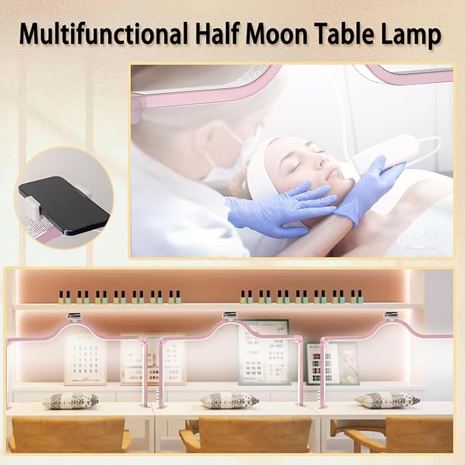 KEDAO Nail Light for Desk Half Moon Light for Nail Desk 34Inch Foldable LED Table Lamp Manicure for Table Adjustable Dimmable Half Moon Lamp for Lash Beauty Tattoos Crafts Pink