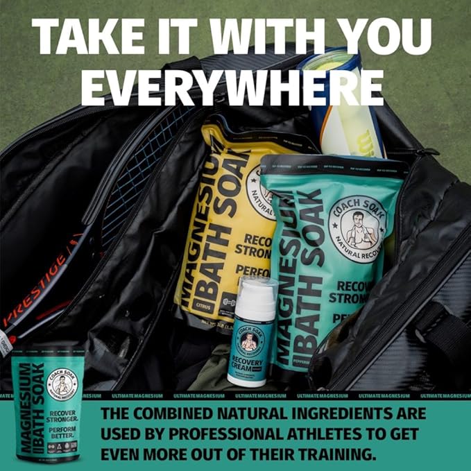 Coach Soak Recovery Bath Soak - Alternative to Epsom Salt Bath Soak - Fast-Absorbing Pure Magnesium Flakes & Dead Sea Salt with 21 Minerals, Bath Salts & Essential Oils - 3 lb, Cooling Peppermint