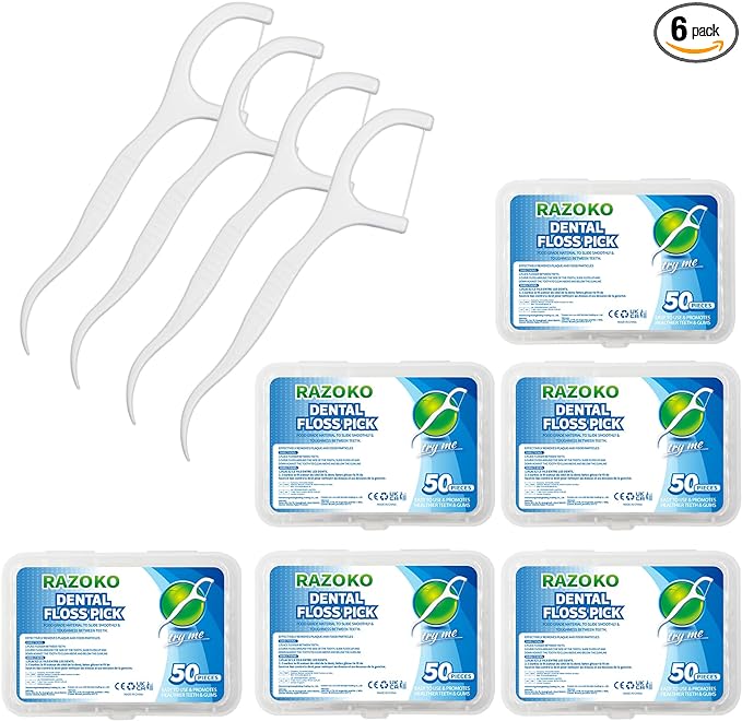 RAZOKO Dental Floss Picks High Toughness Professional Toothpicks Sticks 6-Pack(300pcs) with Portable Case and Dental Picks Perfect for Family,Hotel,Travel