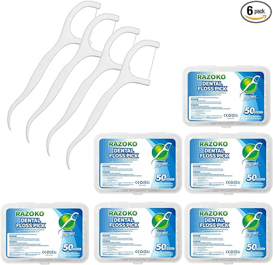 RAZOKO Dental Floss Picks High Toughness Professional Toothpicks Sticks 6-Pack(300pcs) with Portable Case and Dental Picks Perfect for Family,Hotel,Travel