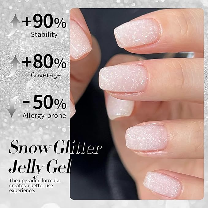 Born Pretty Jelly Gel Nail Polish, Shimmer Glitter Snow Jelly Gel, Milky White Translucent Natural Gel Nail Polish, Manicure Salon DIY for Women Girls 15ML