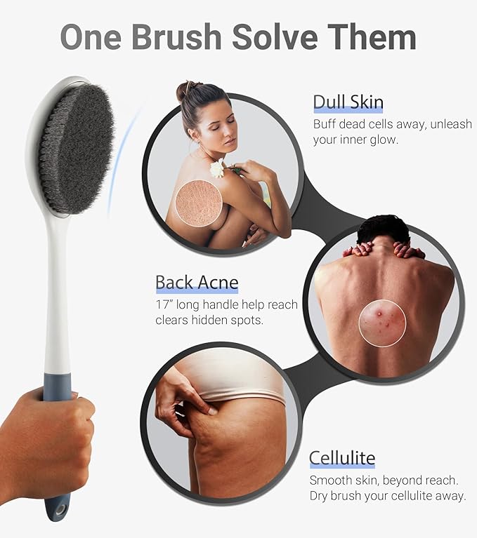 surlees Back Brush for Shower for Men & Women 17" | Body Brush for Wet & Dry Brushing | Exfoliating Body Scrubber & Back Scrubber | Shower Brush with Long Handle (Gray, Scrub Force 5-7)