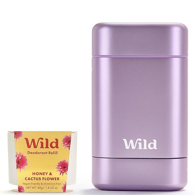 Wild Refillable Deodorant Starter Kit with Purple Case and Honey & Cactus Flower Scented Refill 1.4oz - Aluminum Free - Long Lasting Protection - Vegan