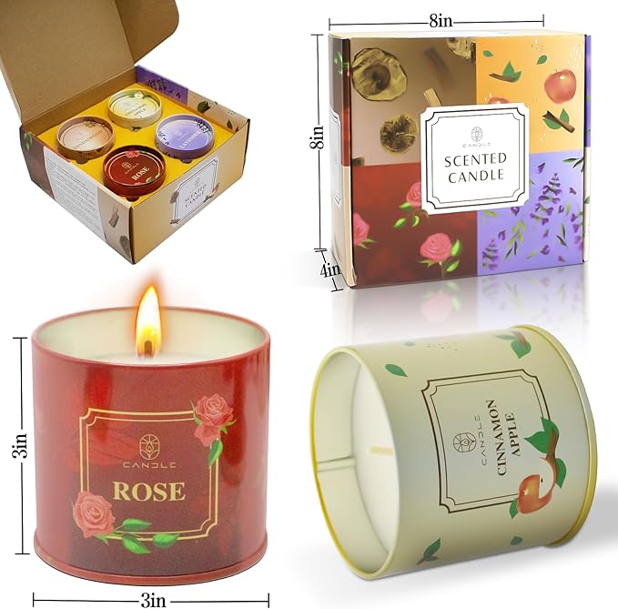 Scented Candles 4 Pack Soy Wax Long Lasting Rose Lavender Sandalwood Apple Fragrance Gifts for Women Christmas Gifts Thanksgiving Day